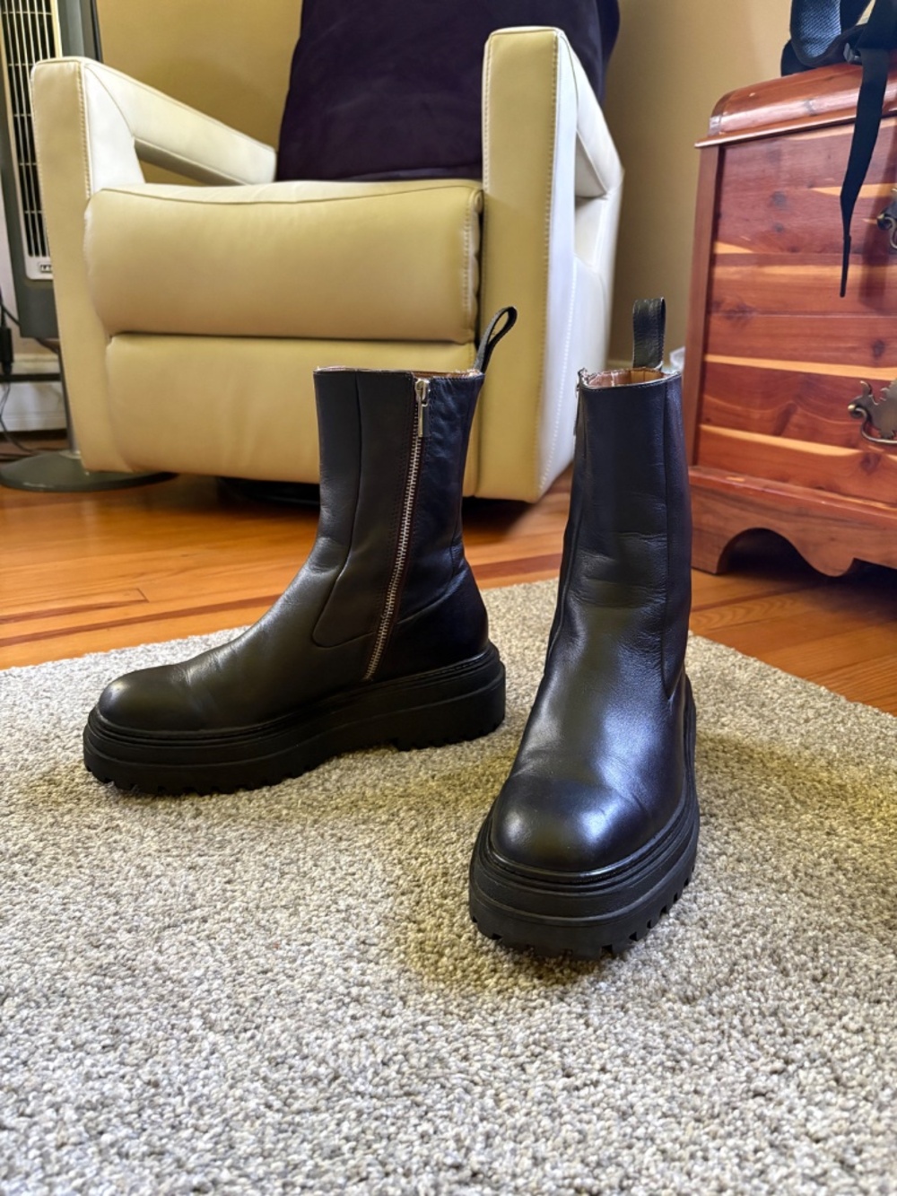 Zara Chunky Black Leather Moto Boots - Picture 6 of 7